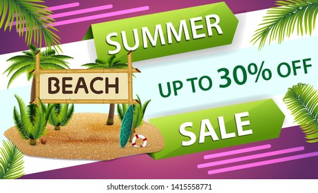 Summer sale, horizontal discount web banner for your website with creative design, coconut palms and bamboo sign with the inscription "beach"