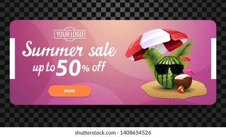 Summer sale, horizontal, minimalistic, discount web banner for your website with watermelon in glasses under a beach umbrella