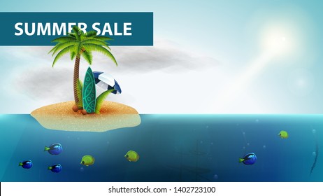 Summer sale, horizontal sea web banner with palm, coconuts, beach umbrella and surf Board