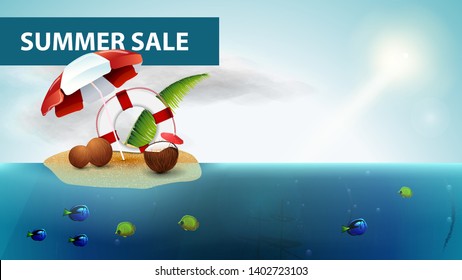 Summer sale, horizontal sea web banner with coconut cocktail, beach umbrella and lifeline