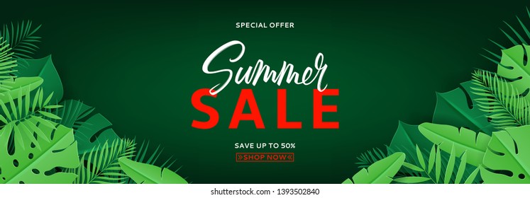Summer sale horizontal tropical banner. Vector green illustration with tropical leaves in paper cut style on dark green background.