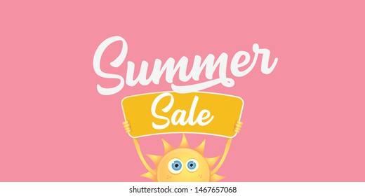 summer sale horizontal web banner 
 or vector label . summer happy sun character holding sign or banner with special offer sale text isolated on soft pastel pink horizontal background