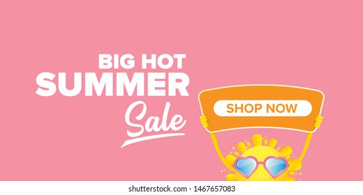 summer sale horizontal web banner 
 or vector label . summer happy sun character holding sign or banner with special offer sale text isolated on soft pastel pink horizontal background