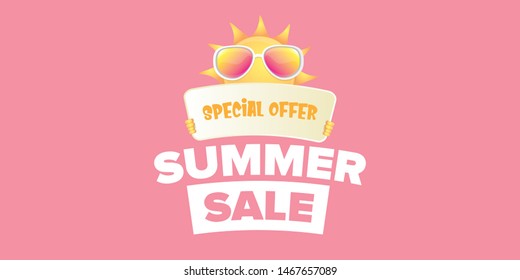 summer sale horizontal web banner 
 or vector label . summer happy sun character holding sign or banner with special offer sale text isolated on soft pastel pink horizontal background