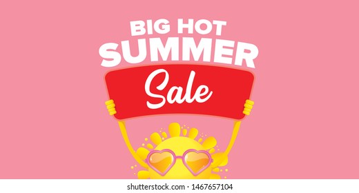 summer sale horizontal web banner 
 or vector label . summer happy sun character holding sign or banner with special offer sale text isolated on soft pastel pink horizontal background