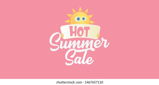 summer sale horizontal web banner 
 or vector label . summer happy sun character holding sign or banner with special offer sale text isolated on soft pastel pink horizontal background