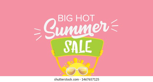 summer sale horizontal web banner 
 or vector label . summer happy sun character holding sign or banner with special offer sale text isolated on soft pastel pink horizontal background