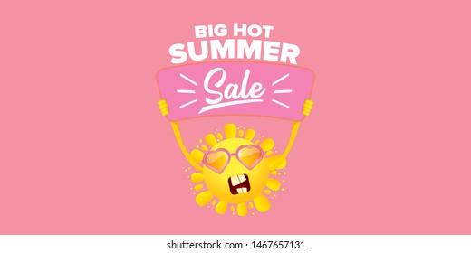 summer sale horizontal web banner 
 or vector label . summer happy sun character holding sign or banner with special offer sale text isolated on soft pastel pink horizontal background