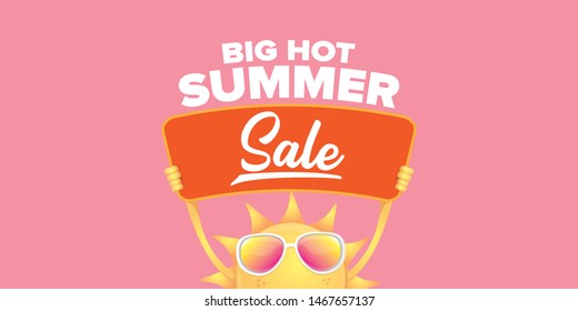 summer sale horizontal web banner 
 or vector label . summer happy sun character holding sign or banner with special offer sale text isolated on soft pastel pink horizontal background