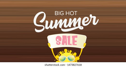 summer sale horizontal web banner 
 or vector label . summer happy sun character holding sign or banner with special offer sale text isolated on wooden horizontal background