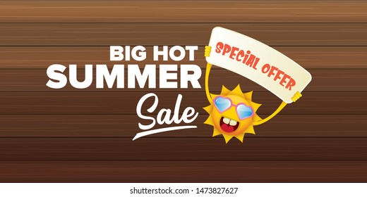 summer sale horizontal web banner 
 or vector label . summer happy sun character holding sign or banner with special offer sale text isolated on wooden horizontal background