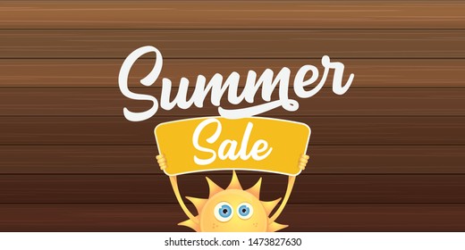 summer sale horizontal web banner 
 or vector label . summer happy sun character holding sign or banner with special offer sale text isolated on wooden horizontal background