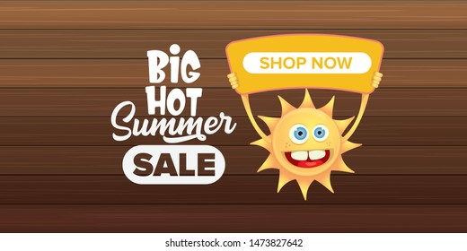 summer sale horizontal web banner 
 or vector label . summer happy sun character holding sign or banner with special offer sale text isolated on wooden horizontal background