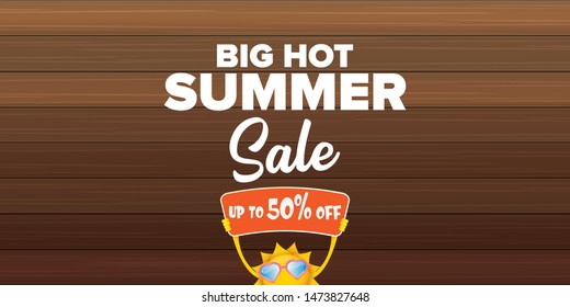 summer sale horizontal web banner 
 or vector label . summer happy sun character holding sign or banner with special offer sale text isolated on wooden horizontal background
