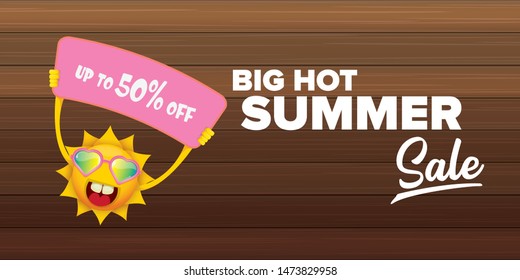 summer sale horizontal web banner 
 or vector label . summer happy sun character holding sign or banner with special offer sale text isolated on wooden horizontal background