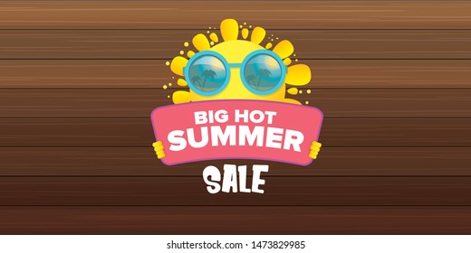 summer sale horizontal web banner 
 or vector label . summer happy sun character holding sign or banner with special offer sale text isolated on wooden horizontal background