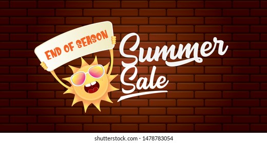 summer sale horizontal web banner 
 or vector label . summer happy sun character holding sign or banner with special offer sale text isolated on brick wall horizontal background