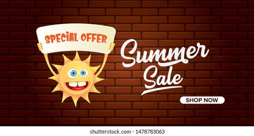 summer sale horizontal web banner 
 or vector label . summer happy sun character holding sign or banner with special offer sale text isolated on brick wall horizontal background