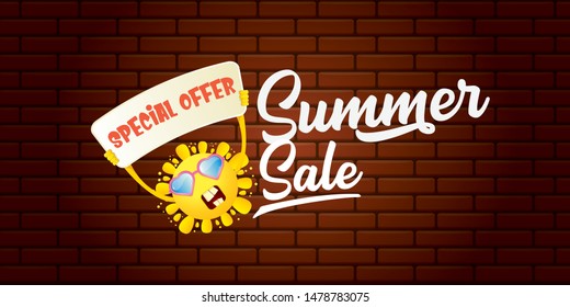 summer sale horizontal web banner 
 or vector label . summer happy sun character holding sign or banner with special offer sale text isolated on brick wall horizontal background