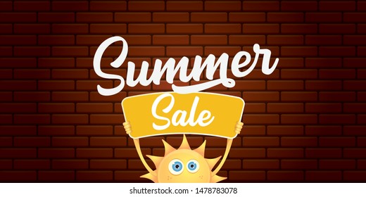 summer sale horizontal web banner 
 or vector label . summer happy sun character holding sign or banner with special offer sale text isolated on brick wall horizontal background