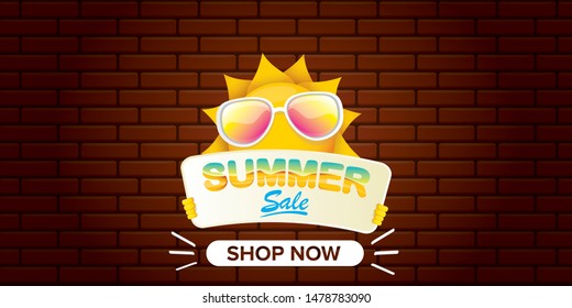 summer sale horizontal web banner 
 or vector label . summer happy sun character holding sign or banner with special offer sale text isolated on brick wall horizontal background