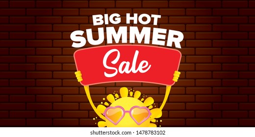 summer sale horizontal web banner 
 or vector label . summer happy sun character holding sign or banner with special offer sale text isolated on brick wall horizontal background