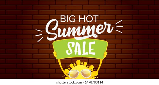 summer sale horizontal web banner 
 or vector label . summer happy sun character holding sign or banner with special offer sale text isolated on brick wall horizontal background