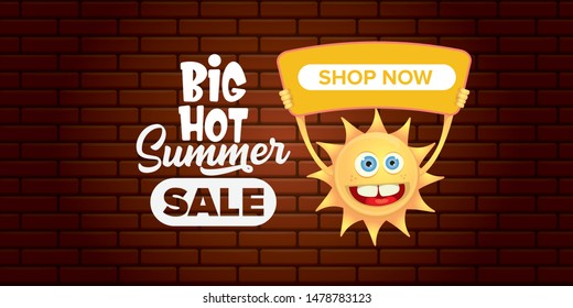 summer sale horizontal web banner 
 or vector label . summer happy sun character holding sign or banner with special offer sale text isolated on brick wall horizontal background