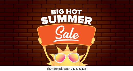 summer sale horizontal web banner 
 or vector label . summer happy sun character holding sign or banner with special offer sale text isolated on brick wall horizontal background