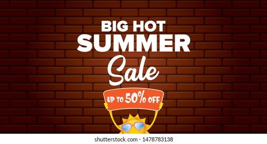summer sale horizontal web banner 
 or vector label . summer happy sun character holding sign or banner with special offer sale text isolated on brick wall horizontal background