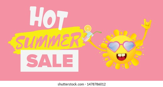 summer sale horizontal web banner 
 or vector label with summer happy sun character wearing sunglasses and holding cocktail isolated on soft pastel pink horizontal background