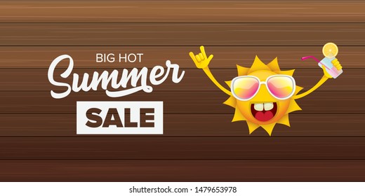 summer sale horizontal web banner 
 or vector label with summer happy sun character wearing sunglasses and holding cocktail isolated on wooden horizontal background