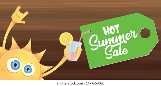 summer sale horizontal web banner 
 or vector label with summer happy sun character wearing sunglasses and holding cocktail isolated on wooden horizontal background