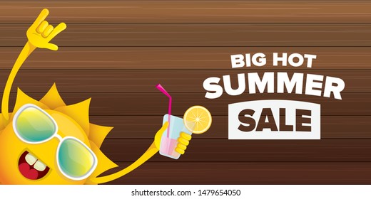 summer sale horizontal web banner 
 or vector label with summer happy sun character wearing sunglasses and holding cocktail isolated on wooden horizontal background