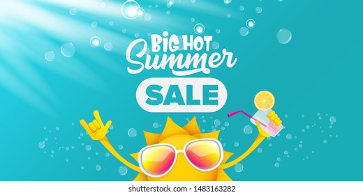 summer sale horizontal web banner 
 or vector label with summer happy sun character wearing sunglasses and holding cocktail isolated on azure water horizontal background