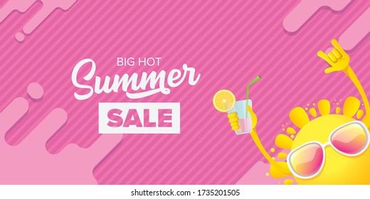 summer sale horizontal web banner 
 or vector label with summer happy sun character wearing sunglasses and holding cocktail isolated on pink horizontal background