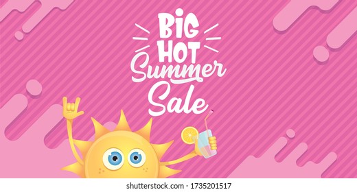 summer sale horizontal web banner 
 or vector label with summer happy sun character wearing sunglasses and holding cocktail isolated on pink horizontal background