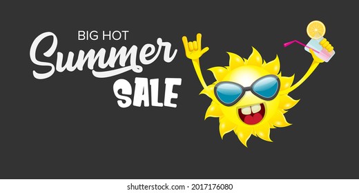 summer sale horizontal web banner or vector label with summer happy sun character wearing sunglasses and holding cocktail isolated on grey horizontal background
