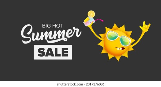 summer sale horizontal web banner or vector label with summer happy sun character wearing sunglasses and holding cocktail isolated on grey horizontal background