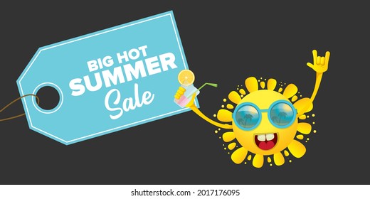 summer sale horizontal web banner or vector label with summer happy sun character wearing sunglasses and holding cocktail isolated on grey horizontal background