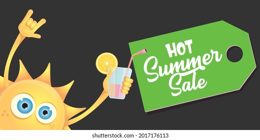 summer sale horizontal web banner or vector label with summer happy sun character wearing sunglasses and holding cocktail isolated on grey horizontal background