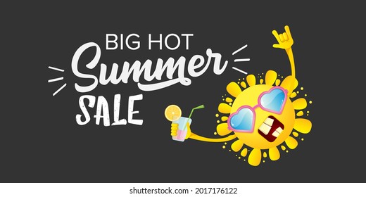 summer sale horizontal web banner or vector label with summer happy sun character wearing sunglasses and holding cocktail isolated on grey horizontal background