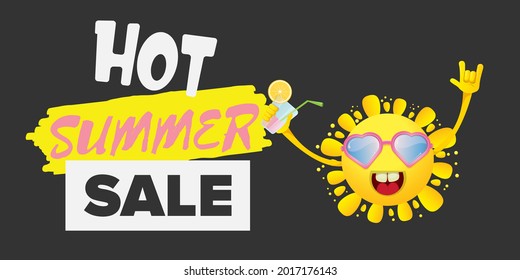 summer sale horizontal web banner or vector label with summer happy sun character wearing sunglasses and holding cocktail isolated on grey horizontal background