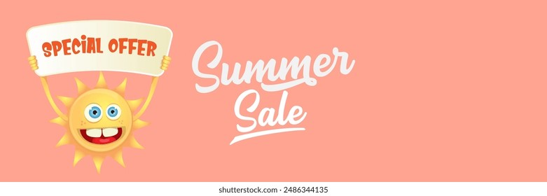 Summer Sale horizontal wide web banner. summer happy sun character holding sign or banner with special offer sale text isolated on soft pastel pink horizontal background. Summer sale