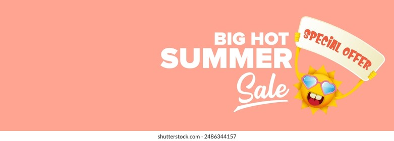 Summer Sale horizontal wide web banner. summer happy sun character holding sign or banner with special offer sale text isolated on soft pastel pink horizontal background. Summer sale