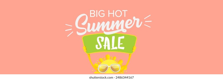 Summer Sale horizontal wide web banner. summer happy sun character holding sign or banner with special offer sale text isolated on soft pastel pink horizontal background. Summer sale