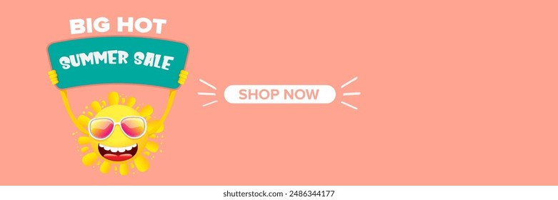 Summer Sale horizontal wide web banner. summer happy sun character holding sign or banner with special offer sale text isolated on soft pastel pink horizontal background. Summer sale