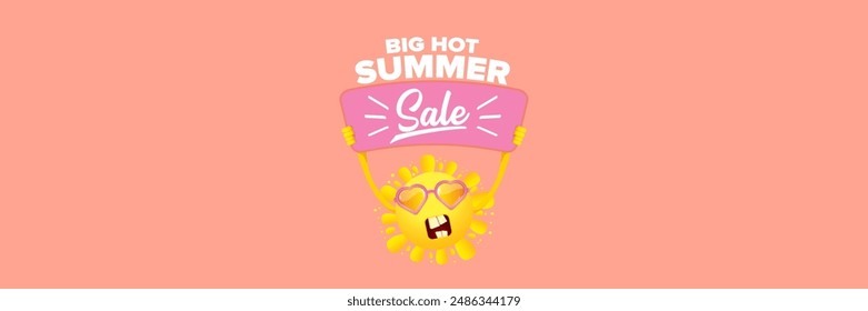 Summer Sale horizontal wide web banner. summer happy sun character holding sign or banner with special offer sale text isolated on soft pastel pink horizontal background. Summer sale