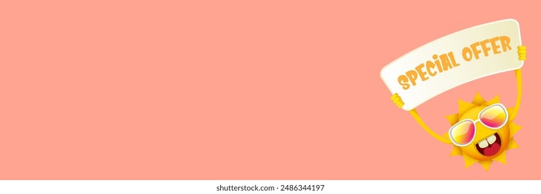 Summer Sale horizontal wide web banner. summer happy sun character holding sign or banner with special offer sale text isolated on soft pastel pink horizontal background. Summer sale