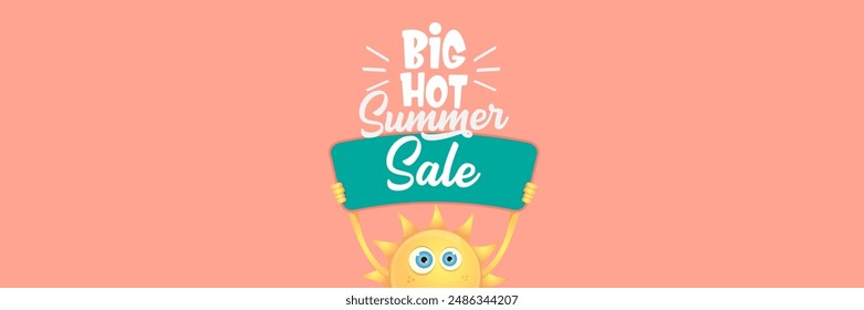 Summer Sale horizontal wide web banner. summer happy sun character holding sign or banner with special offer sale text isolated on soft pastel pink horizontal background. Summer sale